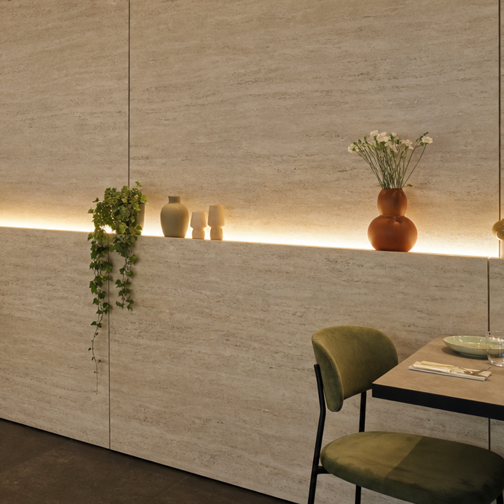 Parete ristorante effetto travertino Travertino HPL 5