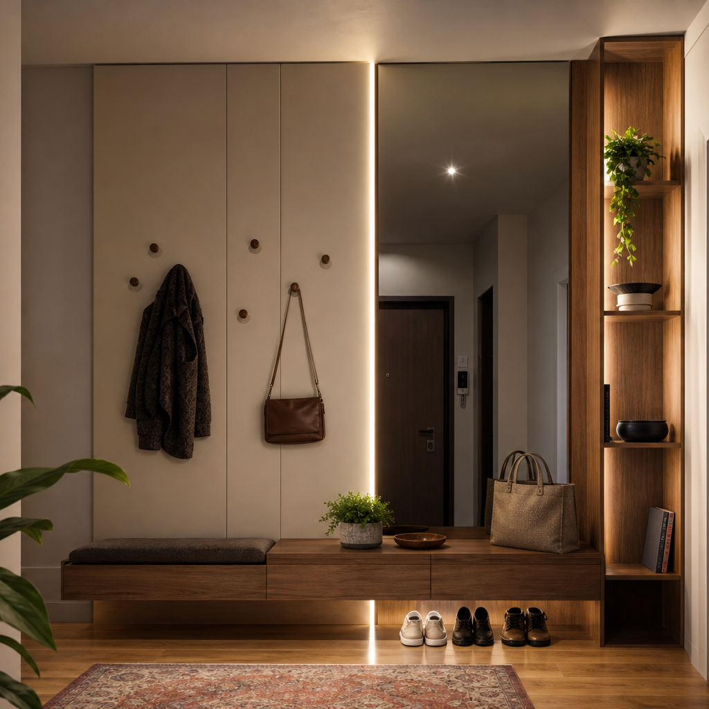 Parete ingresso con LED verticale Noce Specchio 1