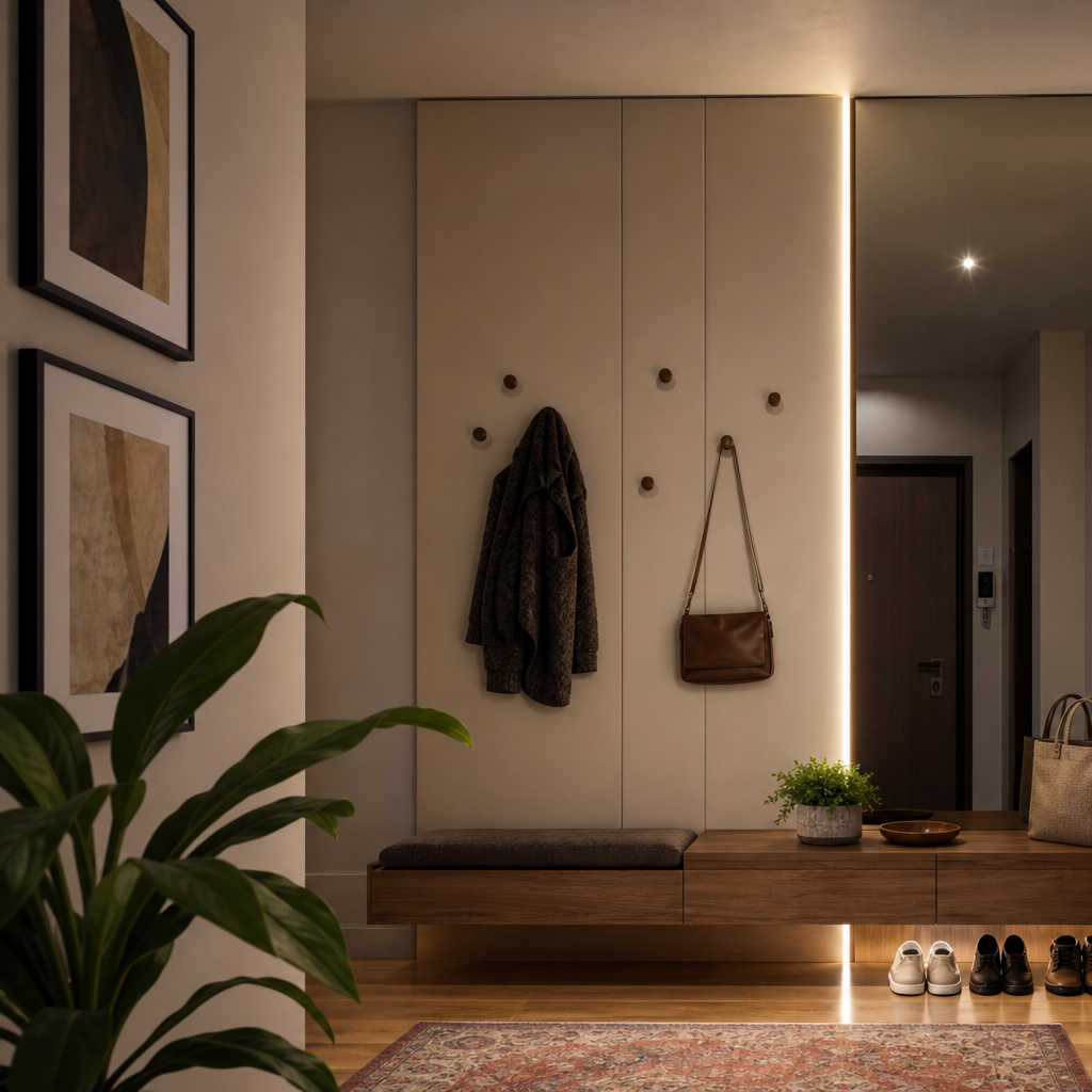 Parete ingresso con LED verticale Noce Specchio 2
