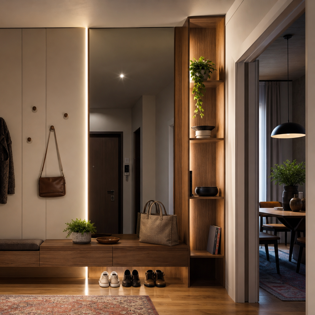 Parete ingresso con LED verticale Noce Specchio 3