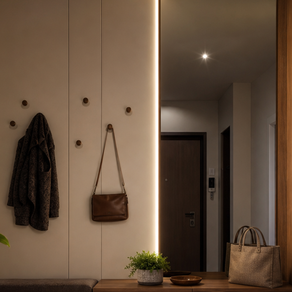 Parete ingresso con LED verticale Noce Specchio 4