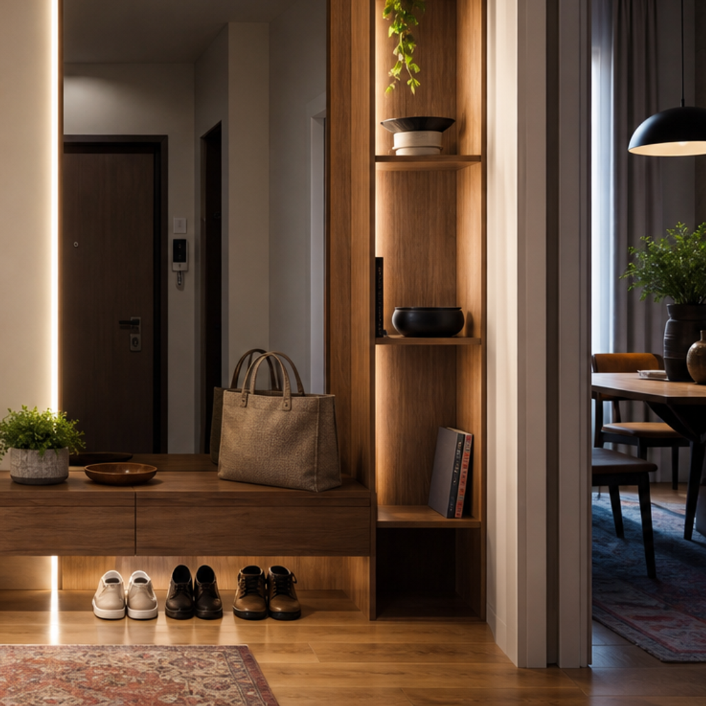 Parete ingresso con LED verticale Noce Specchio 5