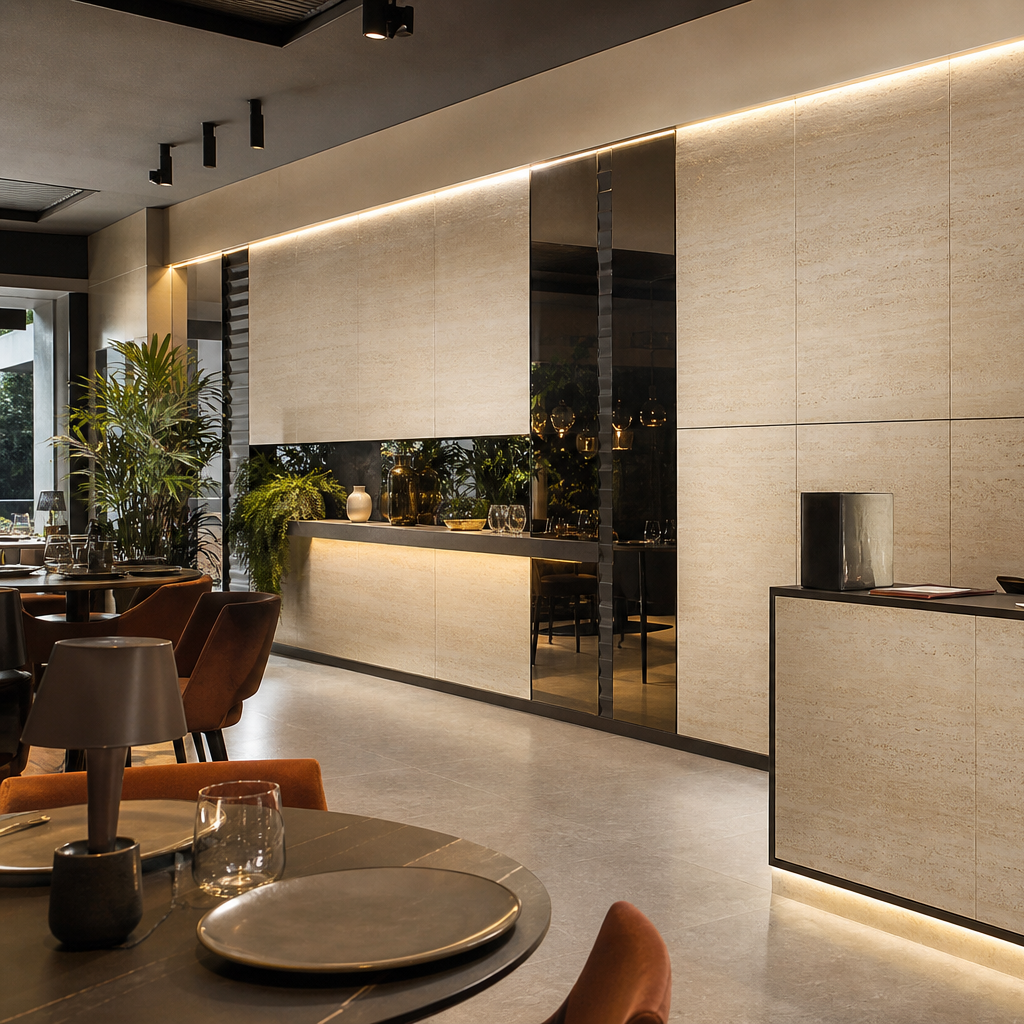 Parete ristorante effetto travertino Marmo Specchio 2