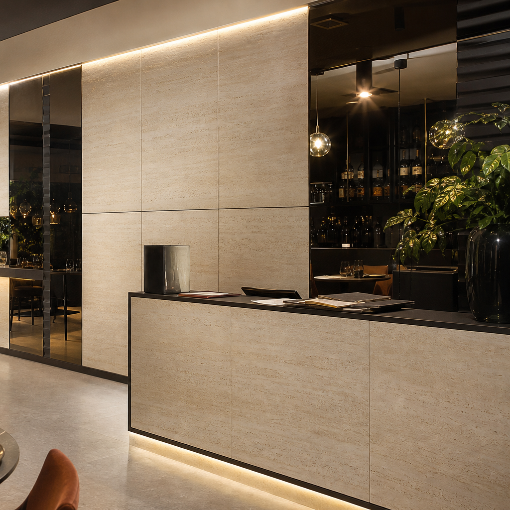 Parete ristorante effetto travertino Marmo Specchio 3