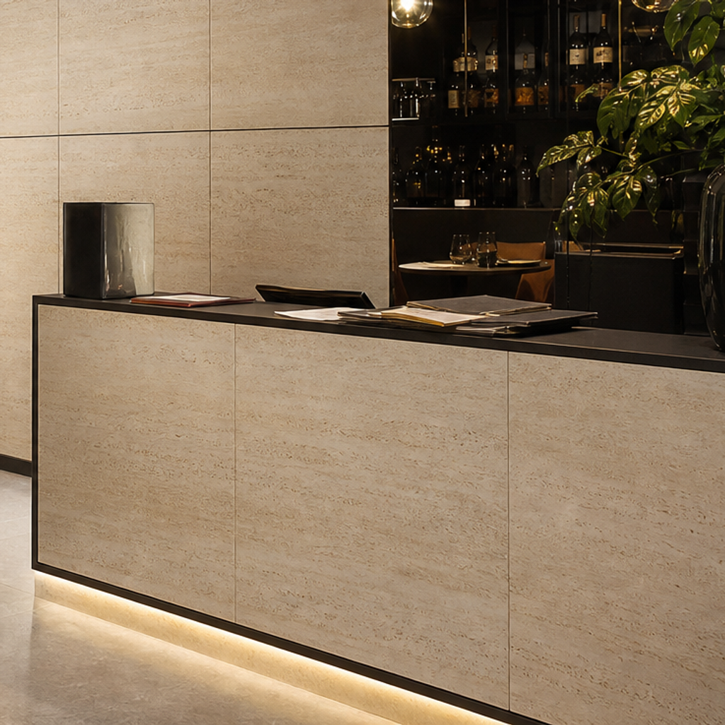 Parete ristorante effetto travertino Marmo Specchio 5