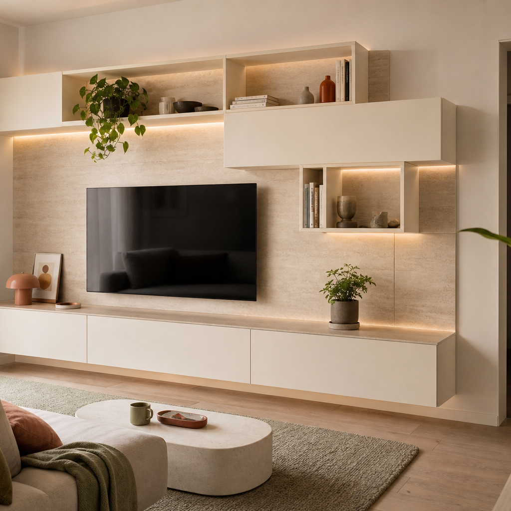 Parete TV asimmetrica con vani aperti Travertino Chiaro 1