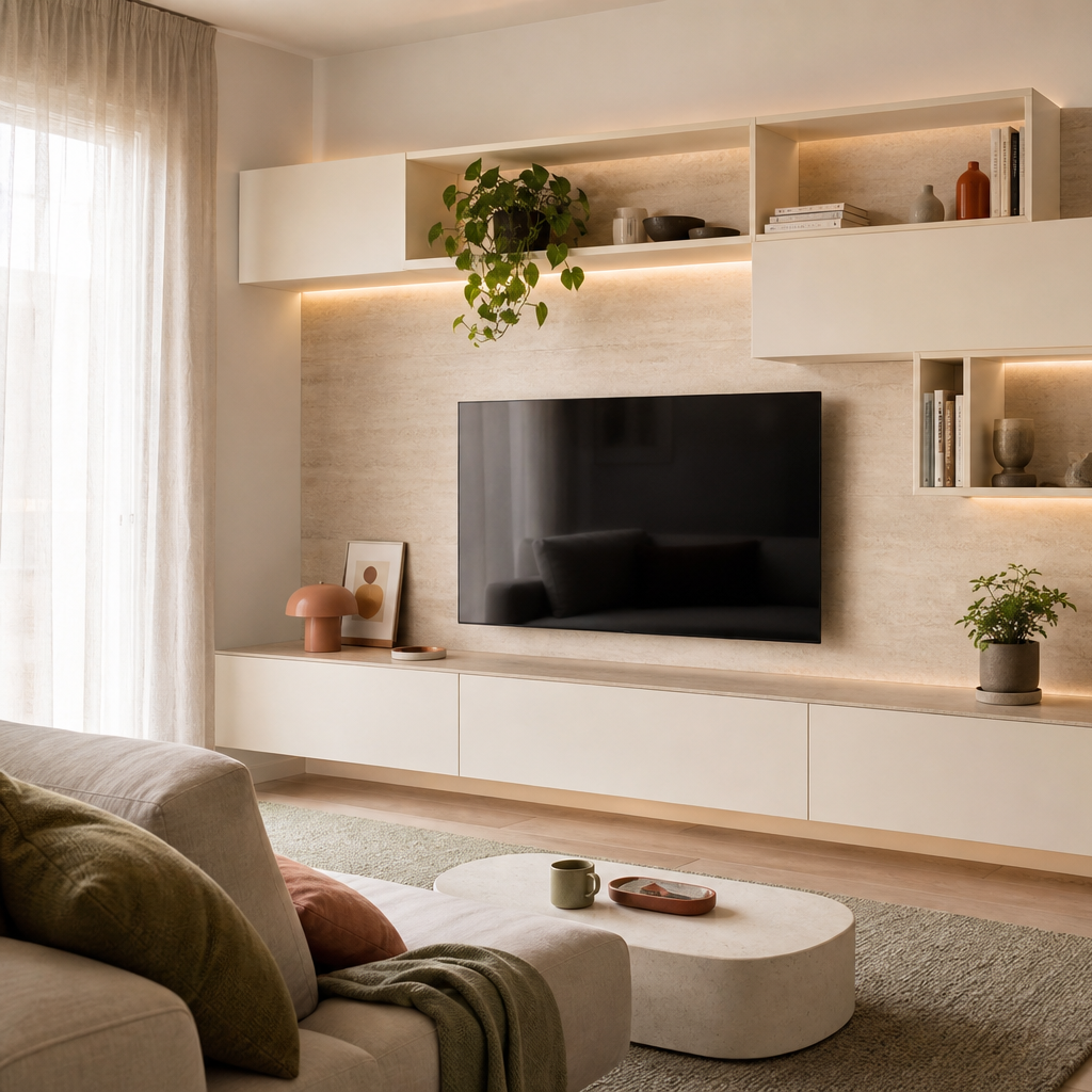 Parete TV asimmetrica con vani aperti Travertino Chiaro 2