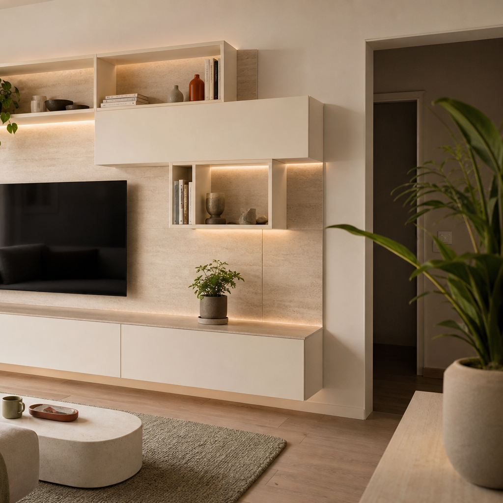 Parete TV asimmetrica con vani aperti Travertino Chiaro 3