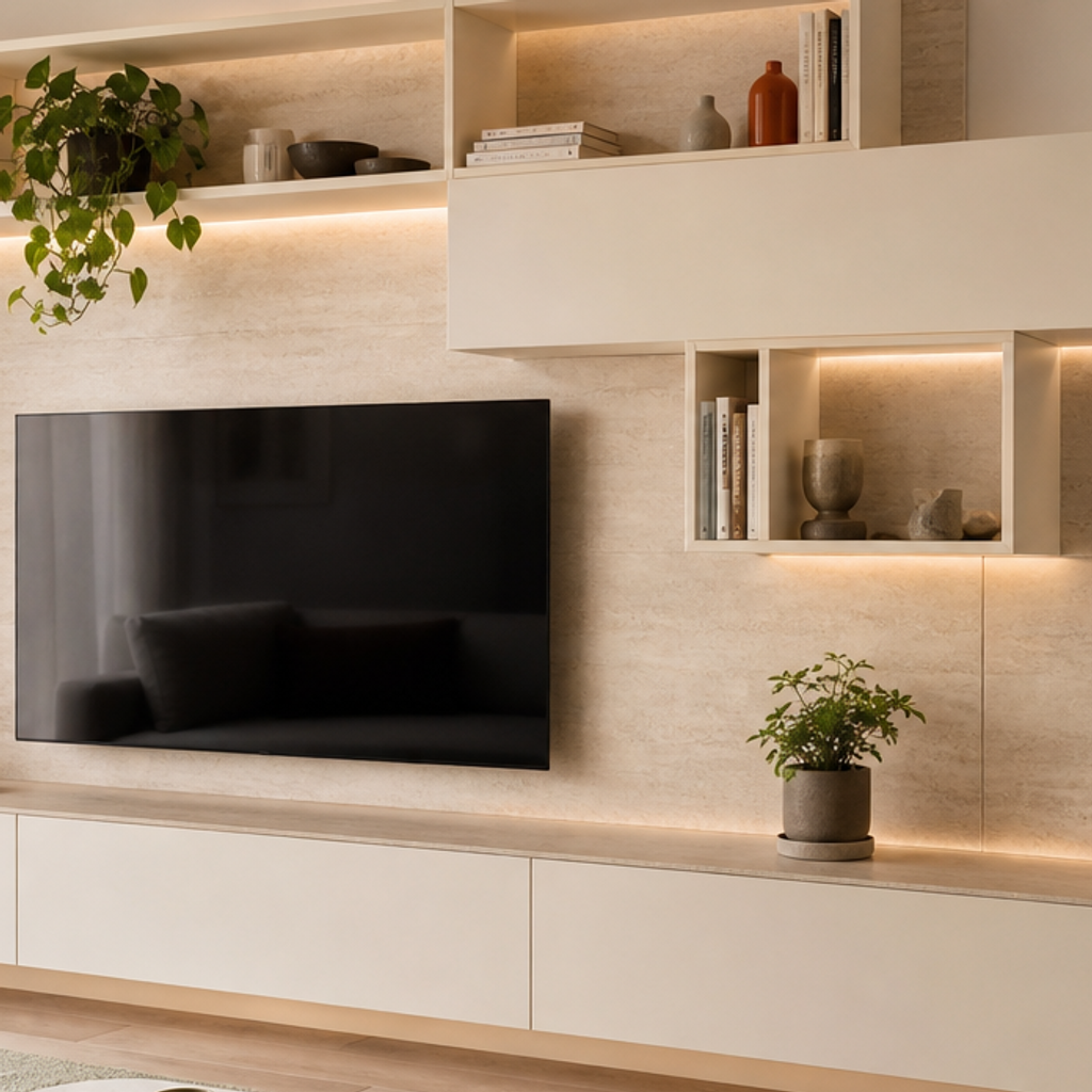 Parete TV asimmetrica con vani aperti Travertino Chiaro 4