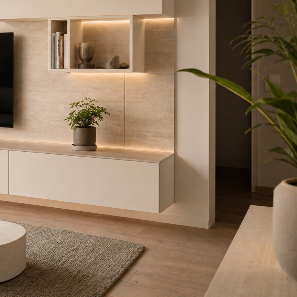 Parete TV asimmetrica con vani aperti Travertino Chiaro 5