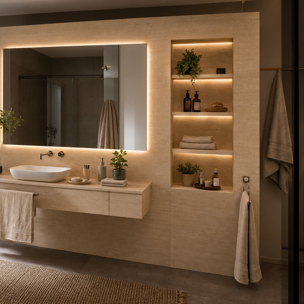 Parete bagno con nicchia Travertino LED 3