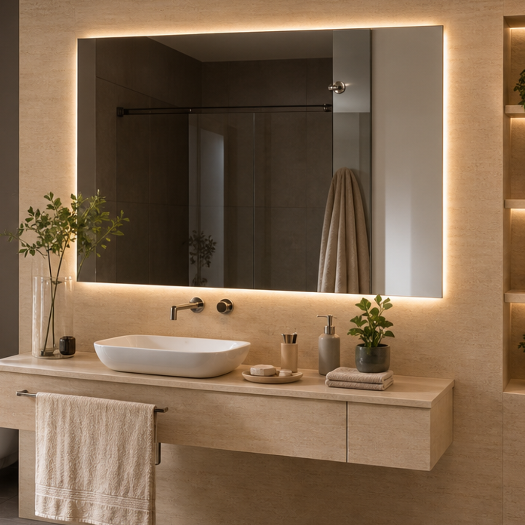 Parete bagno con nicchia Travertino LED 4