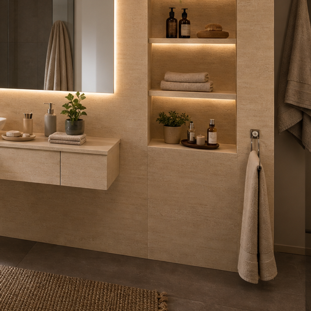 Parete bagno con nicchia Travertino LED 5