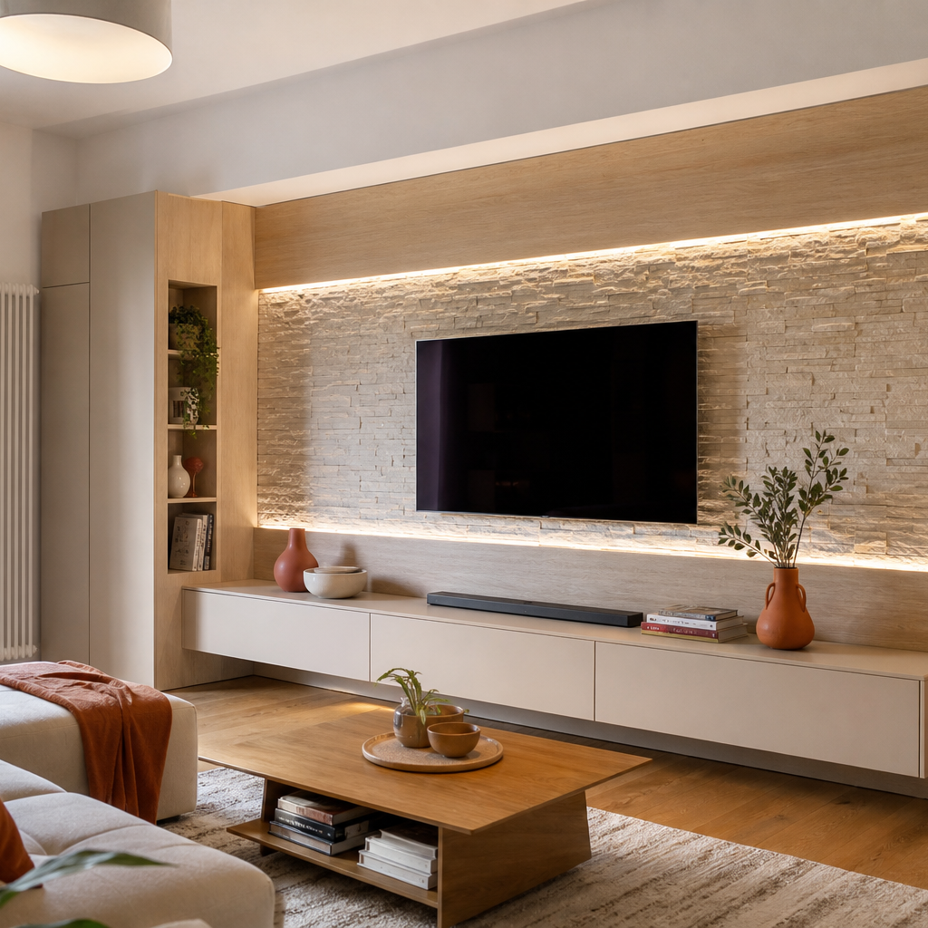 Parete TV effetto pietra con LED Rovere Sabbia 1