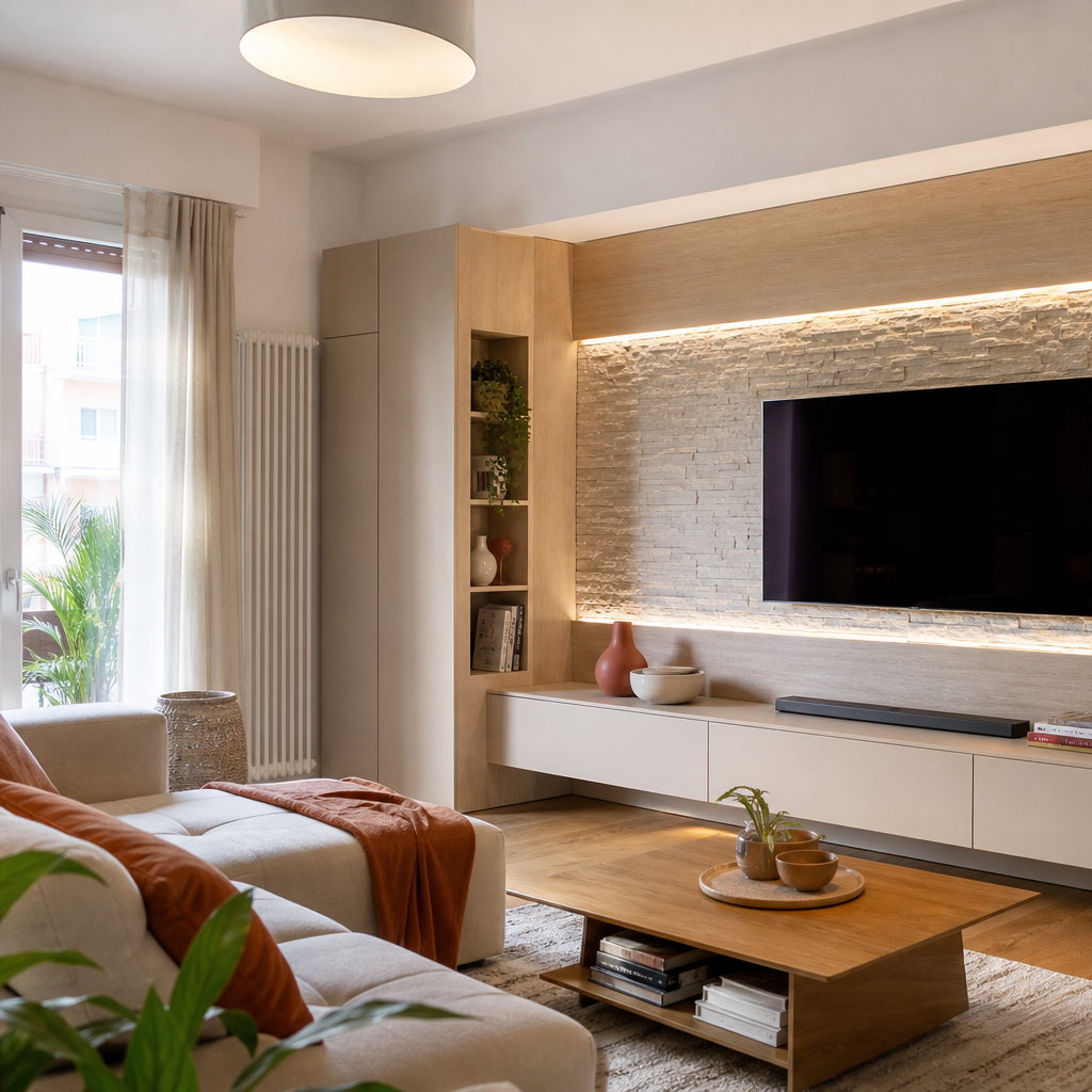 Parete TV effetto pietra con LED Rovere Sabbia 2