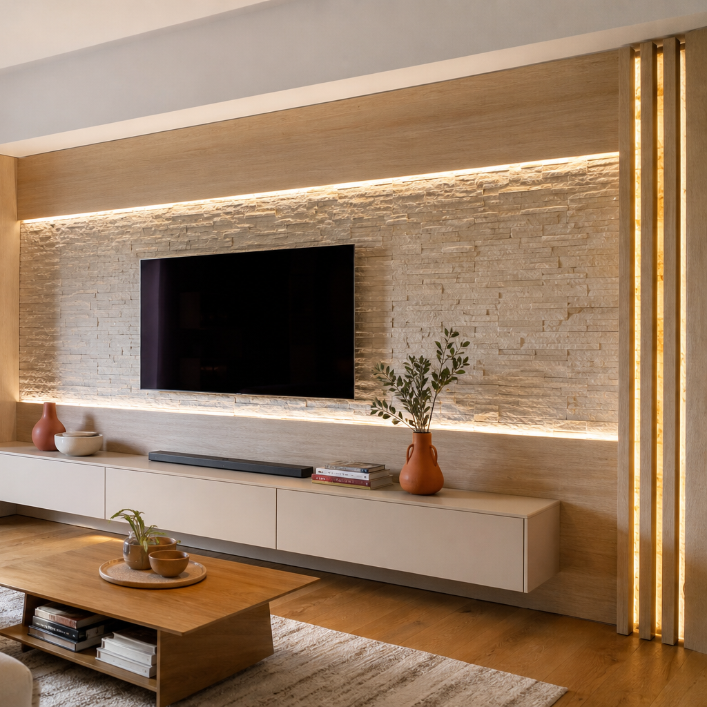 Parete TV effetto pietra con LED Rovere Sabbia 3
