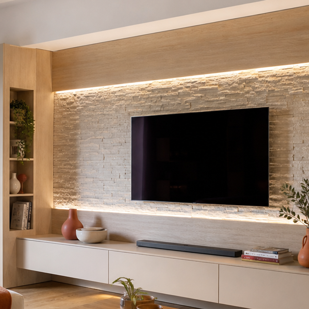 Parete TV effetto pietra con LED Rovere Sabbia 4