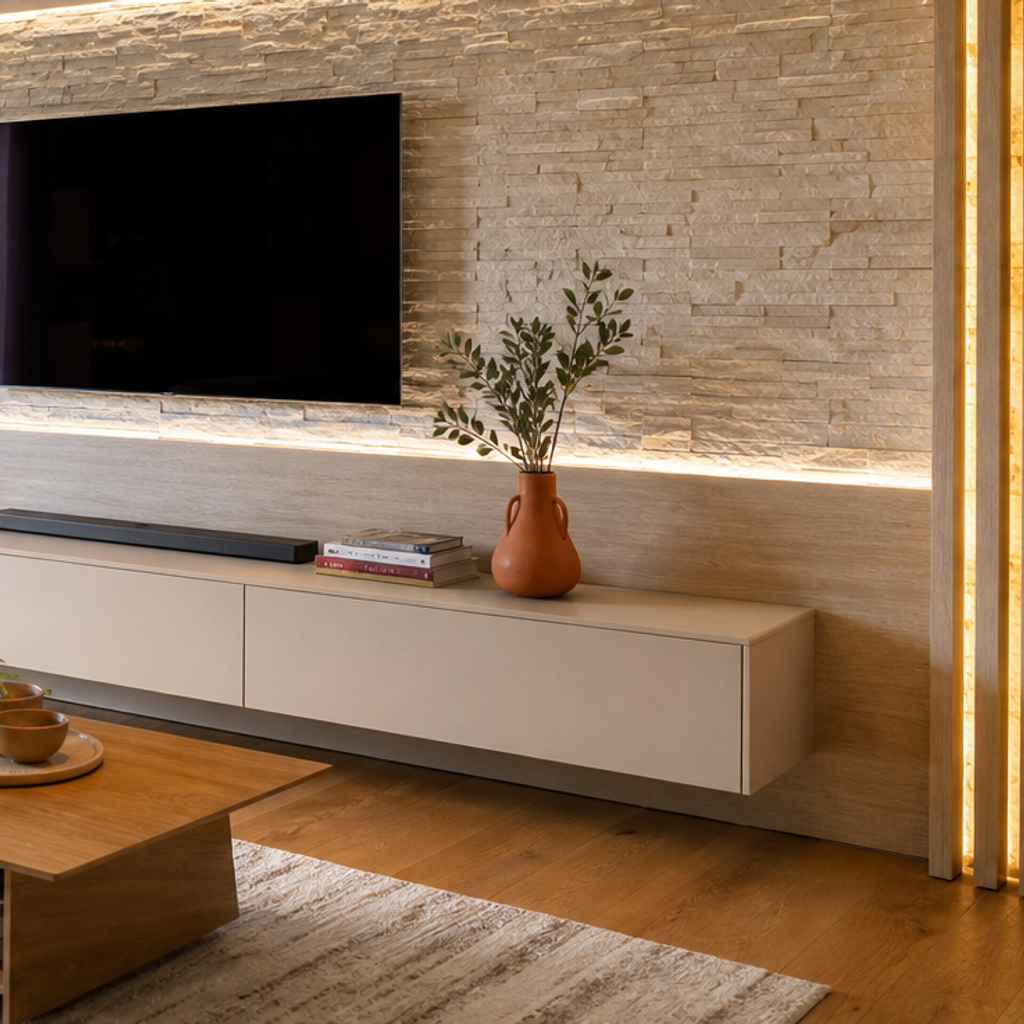 Parete TV effetto pietra con LED Rovere Sabbia 5