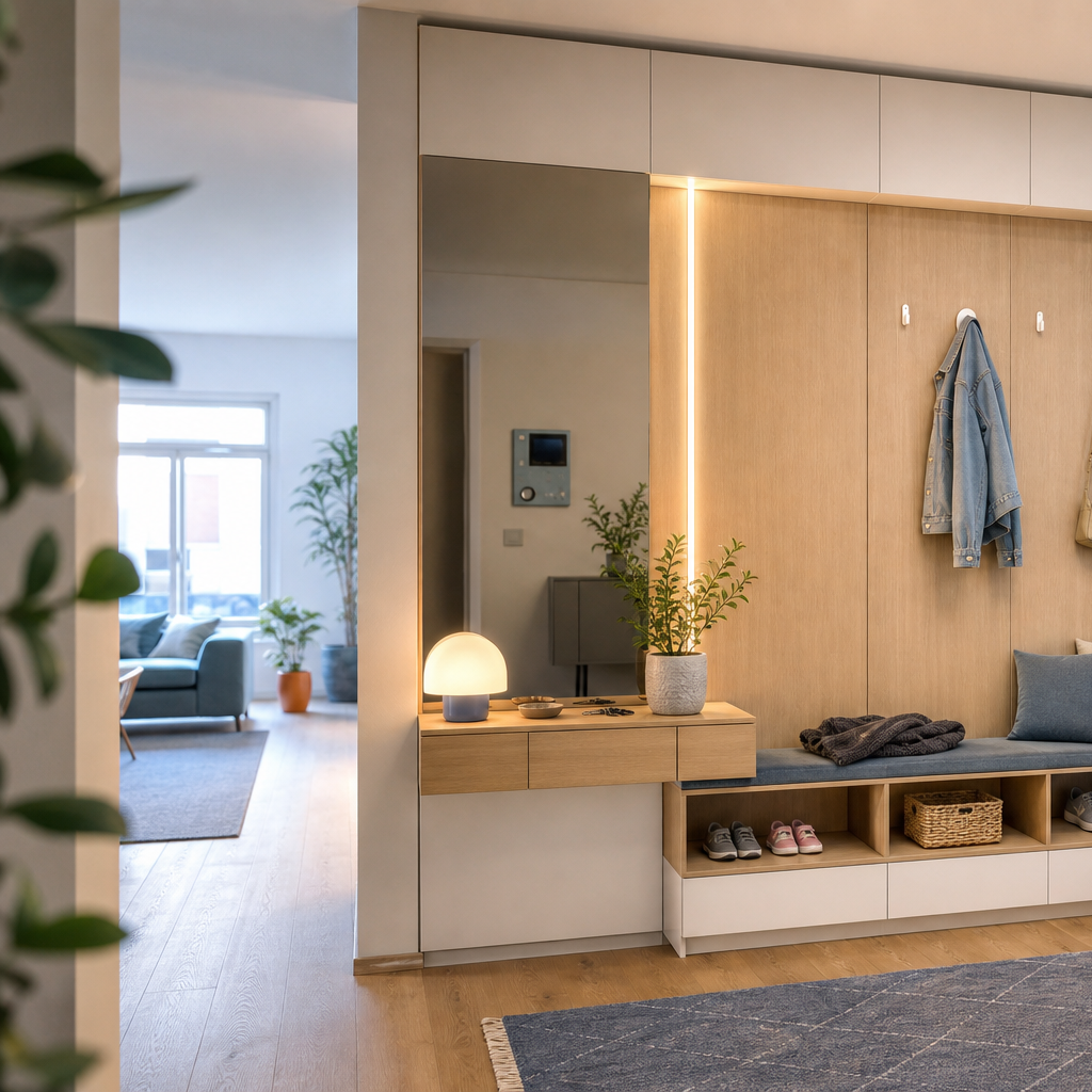 Parete ingresso con LED verticale Bianco Rovere 2
