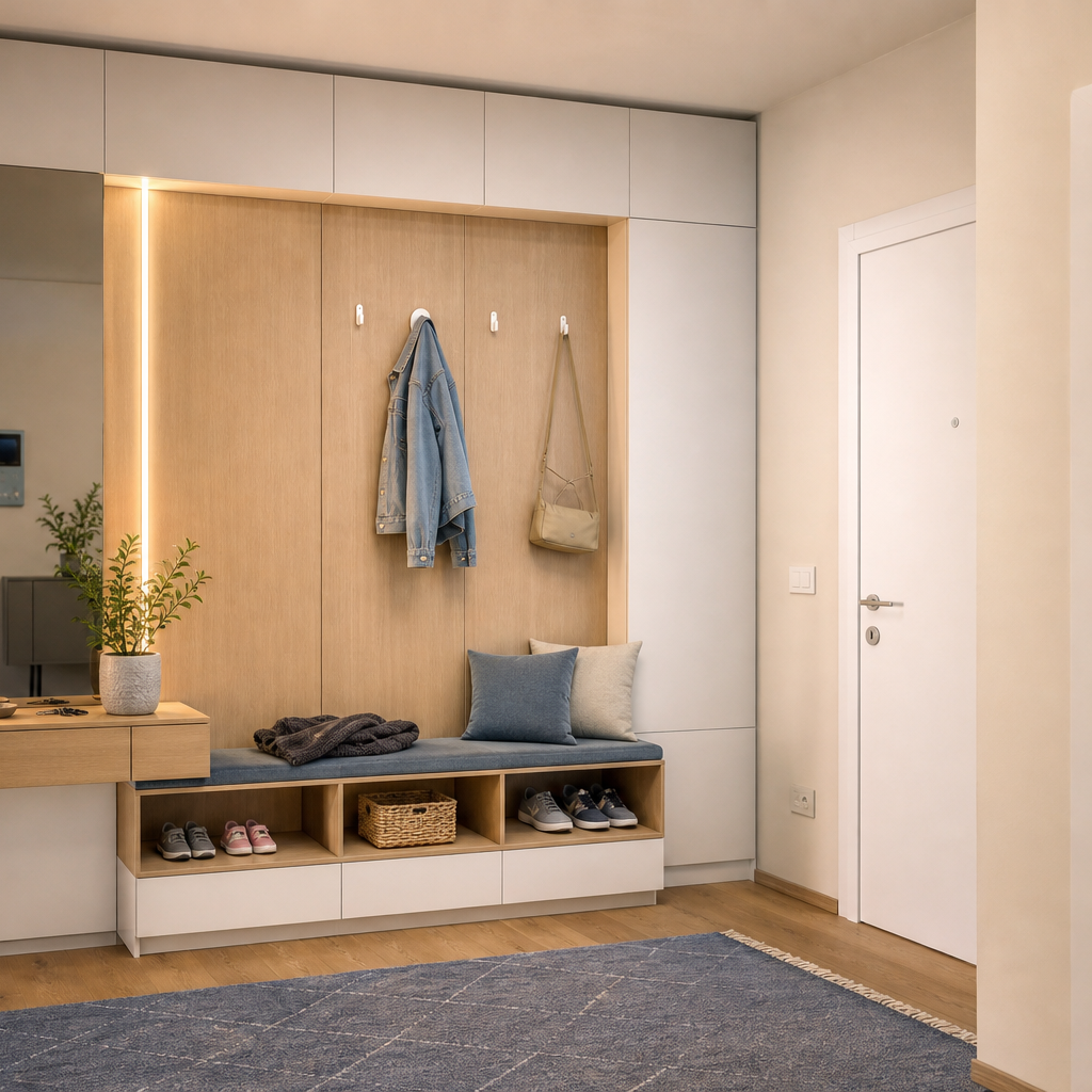 Parete ingresso con LED verticale Bianco Rovere 3