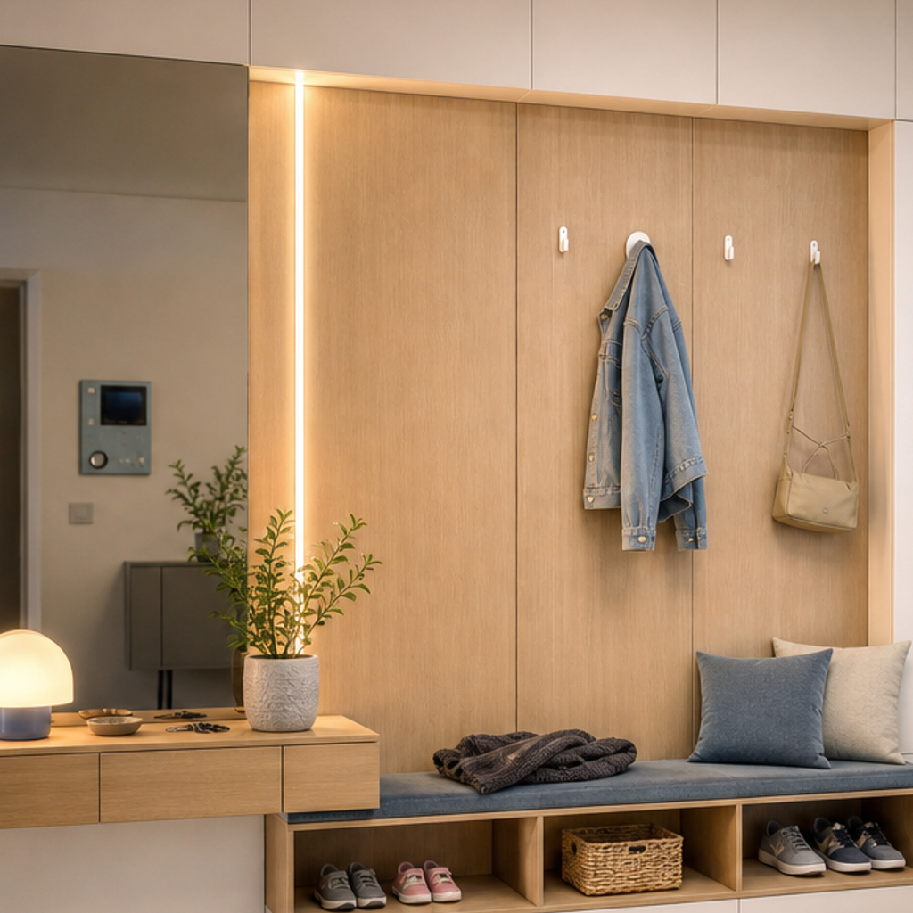 Parete ingresso con LED verticale Bianco Rovere 4