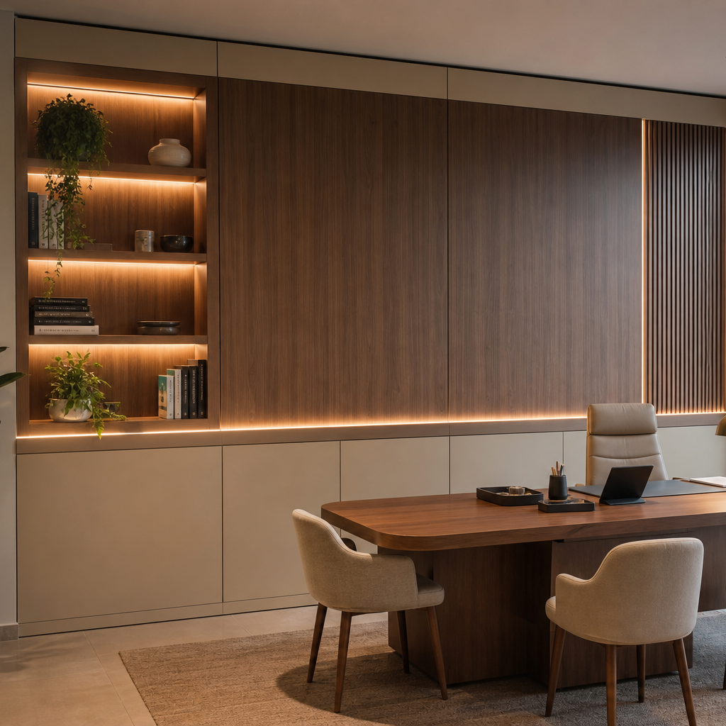 Parete ufficio con boiserie Noce LED 1