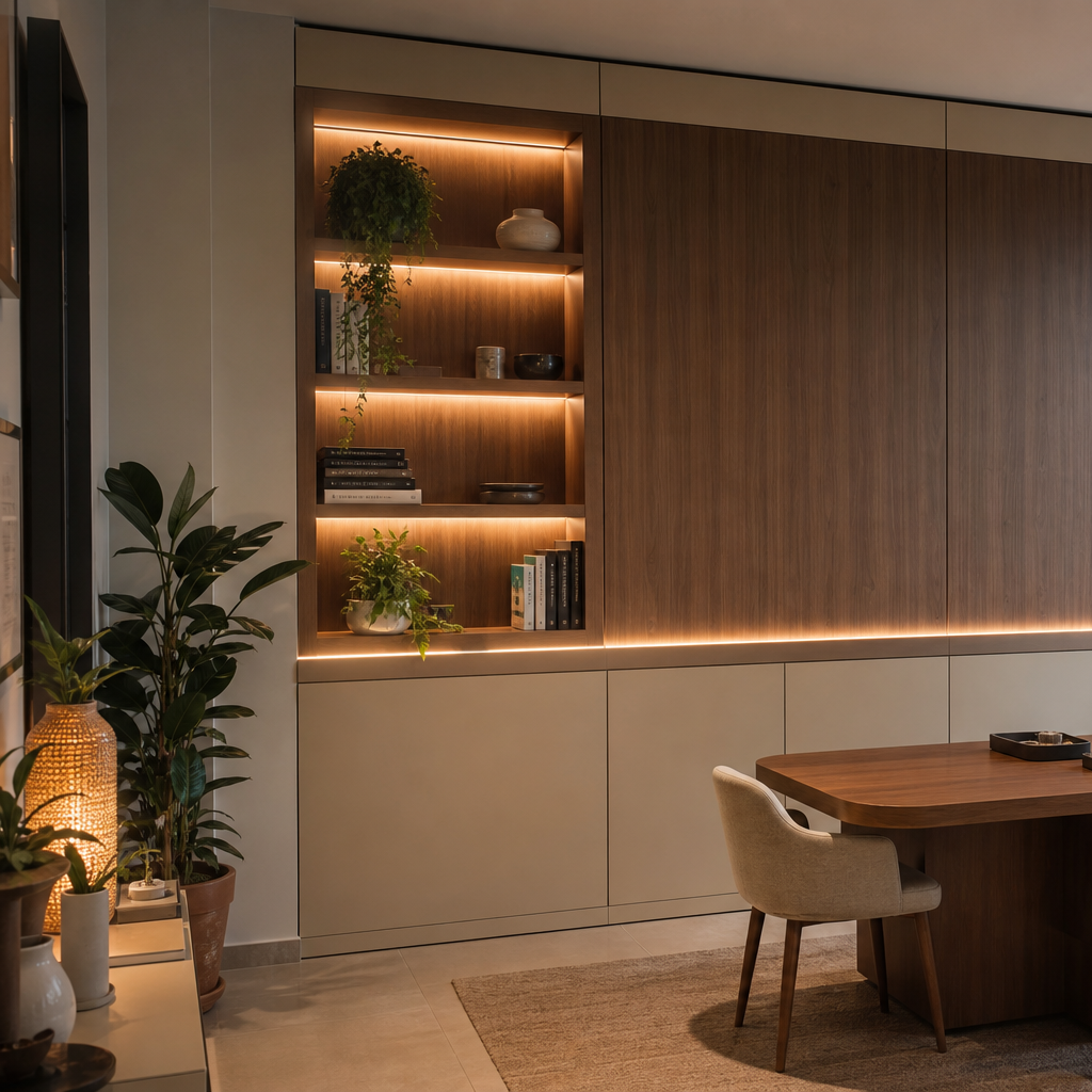 Parete ufficio con boiserie Noce LED 2