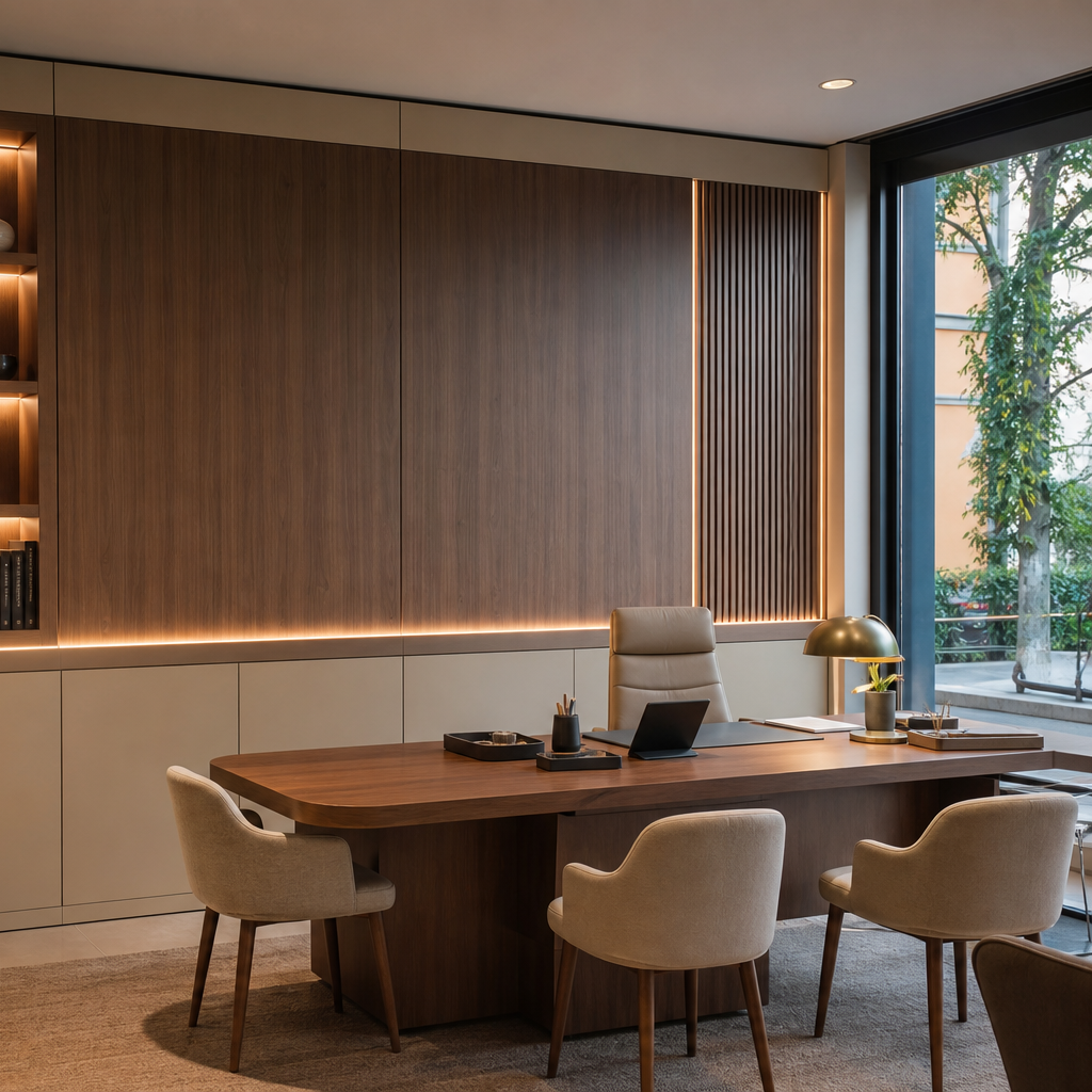 Parete ufficio con boiserie Noce LED 3