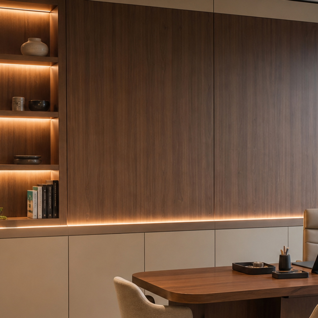 Parete ufficio con boiserie Noce LED 4