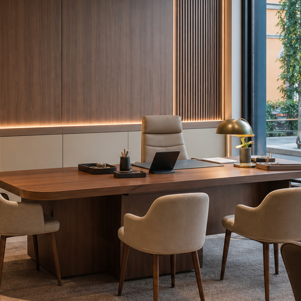 Parete ufficio con boiserie Noce LED 5
