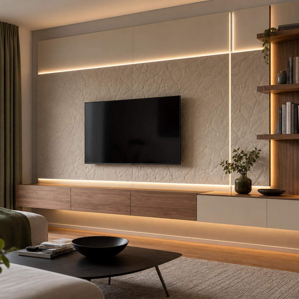 Parete TV effetto pietra con LED Noce Canapa 1