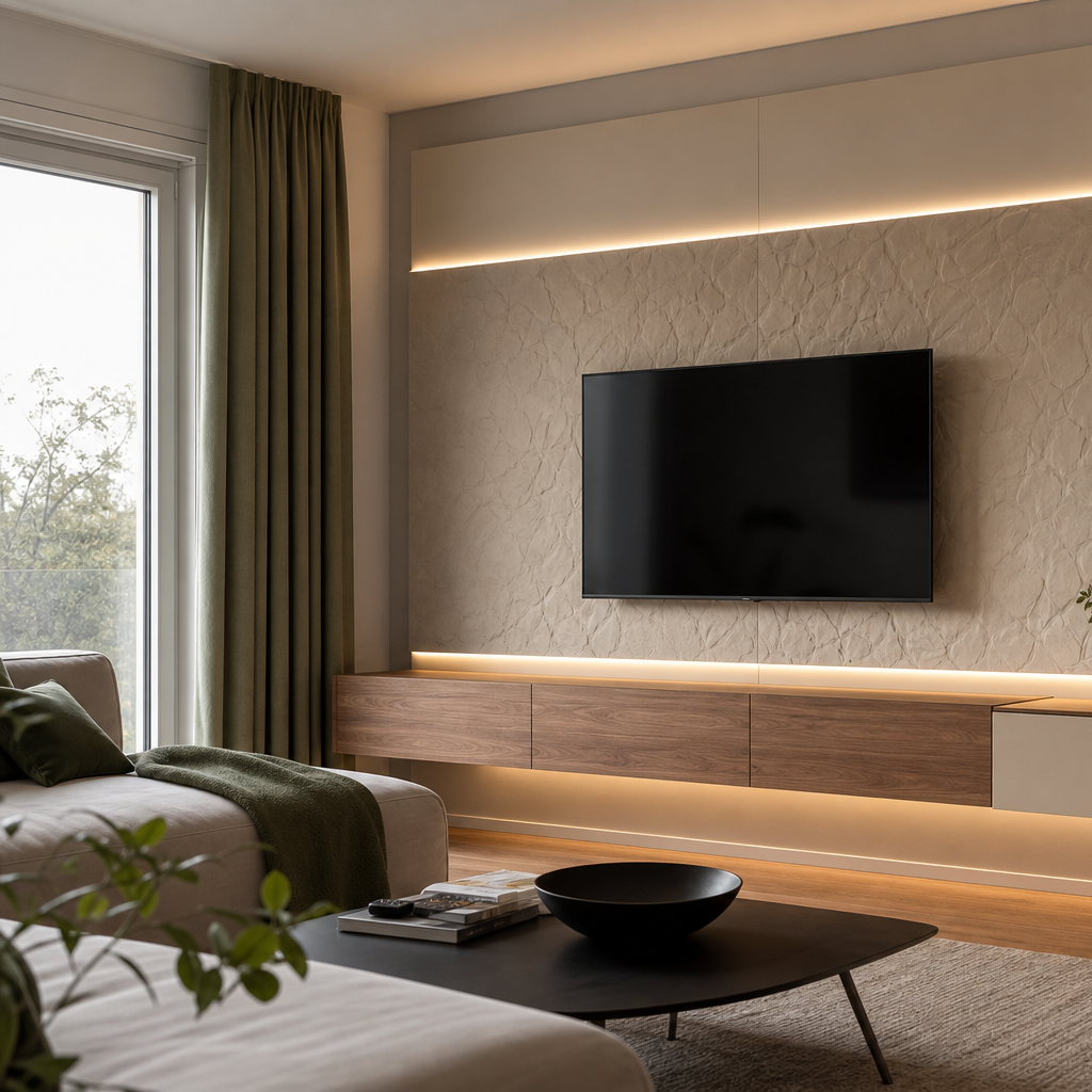 Parete TV effetto pietra con LED Noce Canapa 2