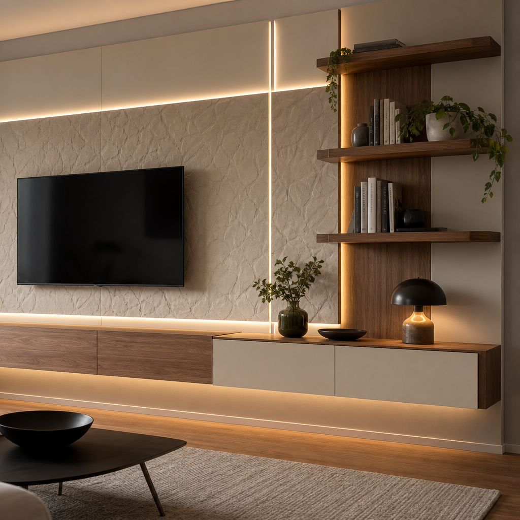 Parete TV effetto pietra con LED Noce Canapa 3