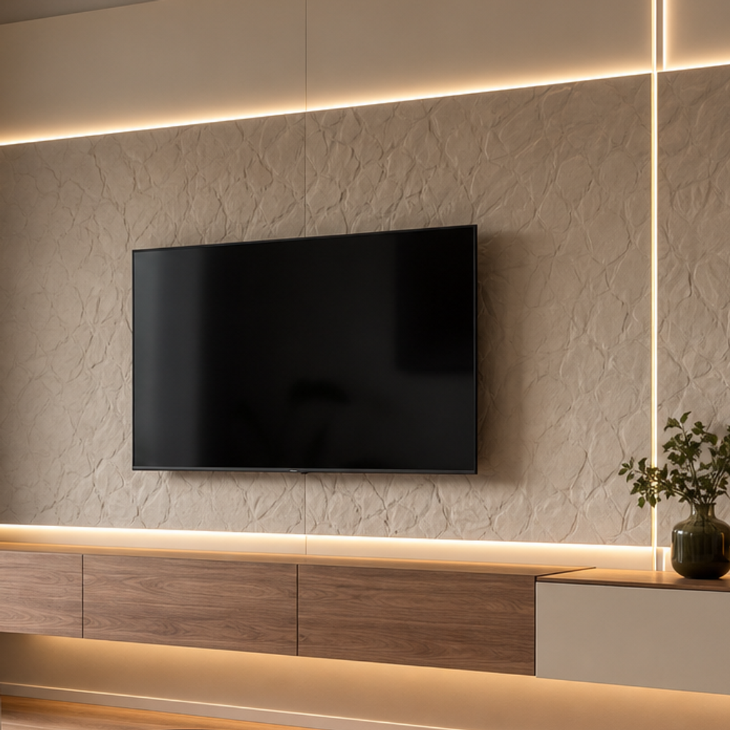 Parete TV effetto pietra con LED Noce Canapa 4