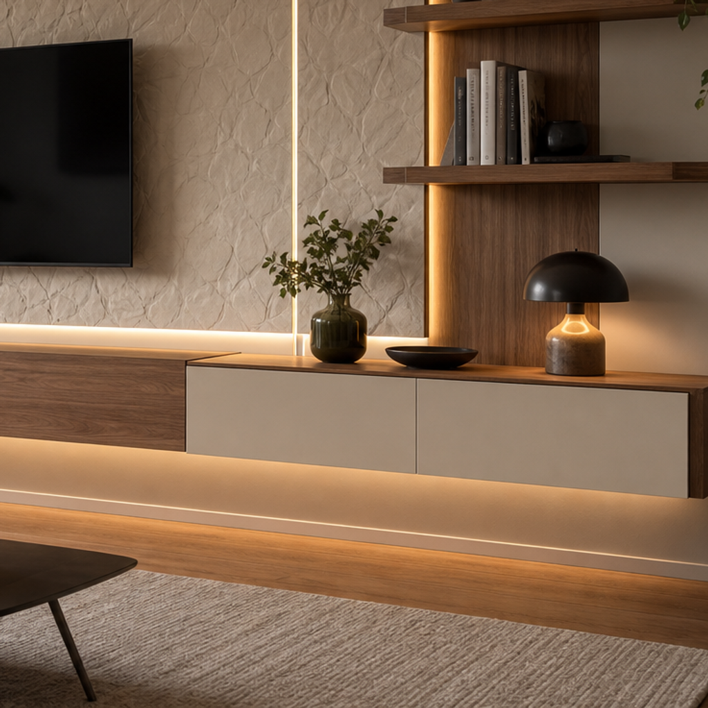 Parete TV effetto pietra con LED Noce Canapa 5