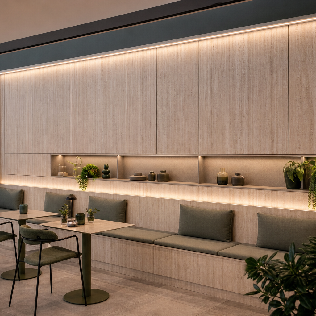 Parete ufficio con boiserie Travertino HPL 1