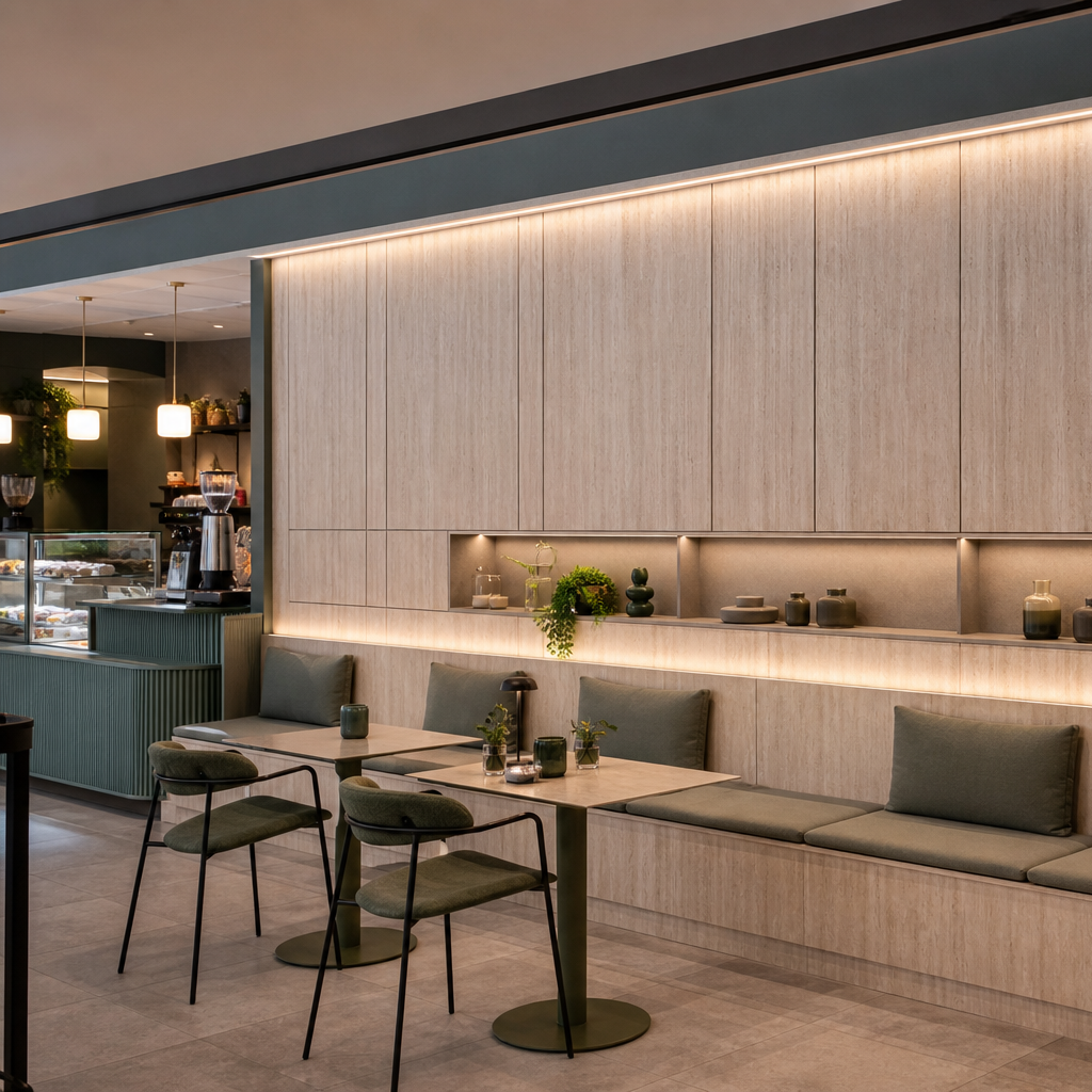 Parete ufficio con boiserie Travertino HPL 2