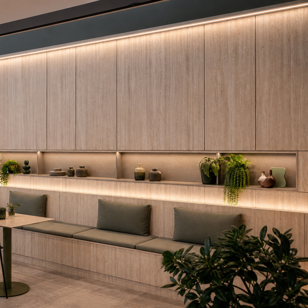 Parete ufficio con boiserie Travertino HPL 3