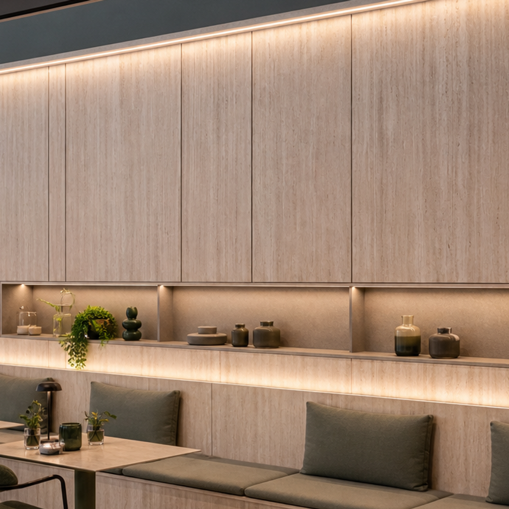 Parete ufficio con boiserie Travertino HPL 4