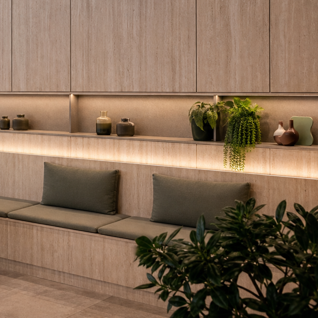 Parete ufficio con boiserie Travertino HPL 5