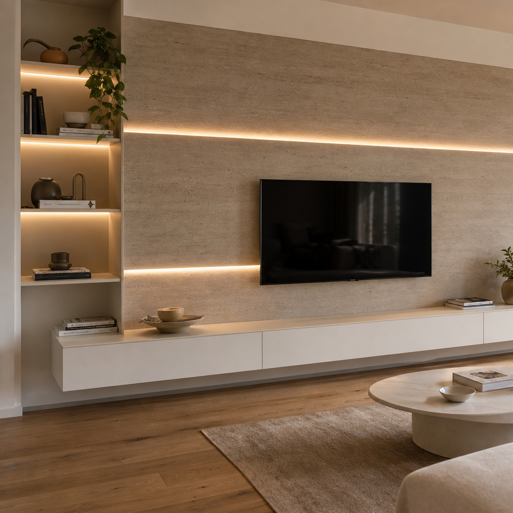 Parete TV effetto pietra con LED Travertino Chiaro 2