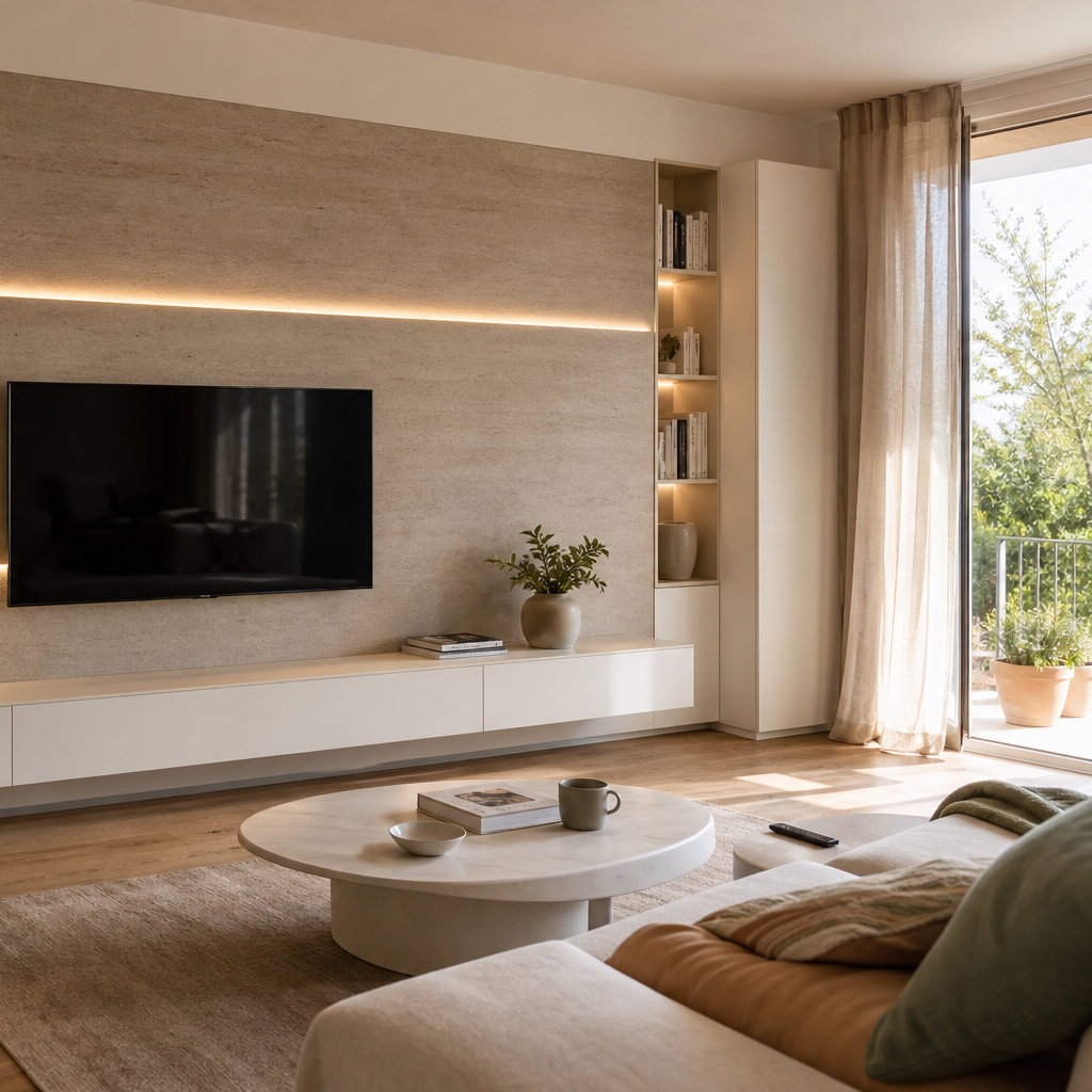 Parete TV effetto pietra con LED Travertino Chiaro 3