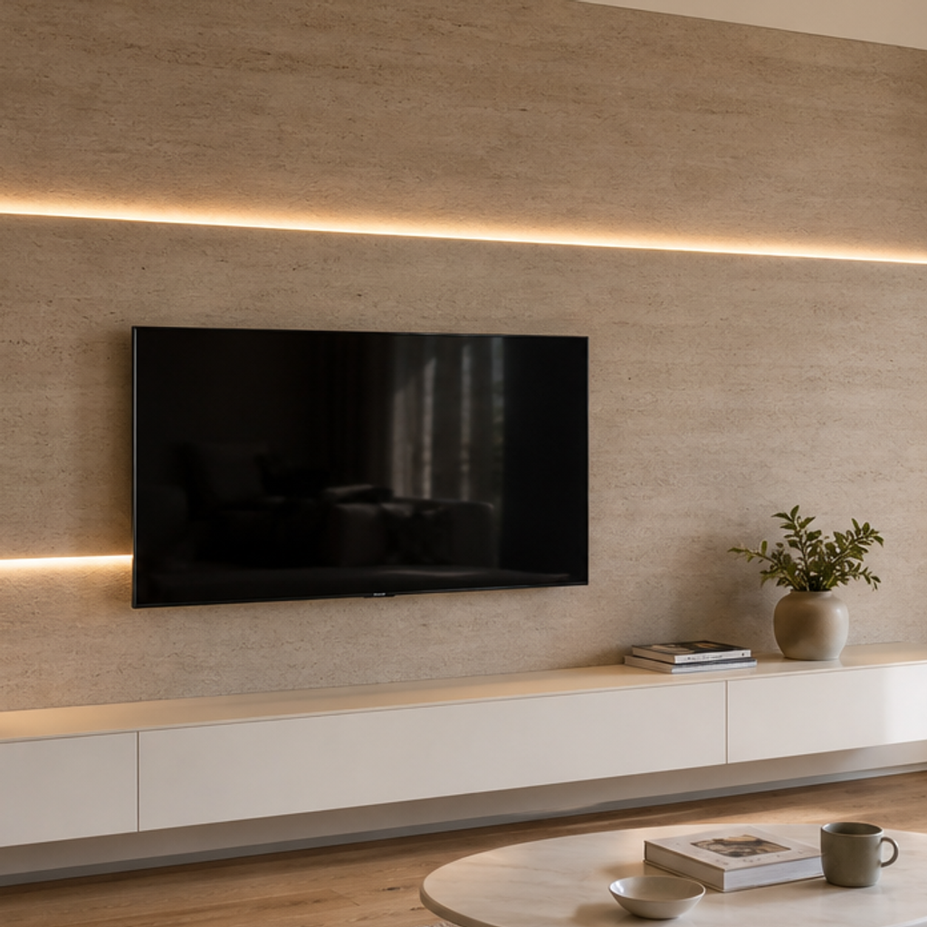 Parete TV effetto pietra con LED Travertino Chiaro 4