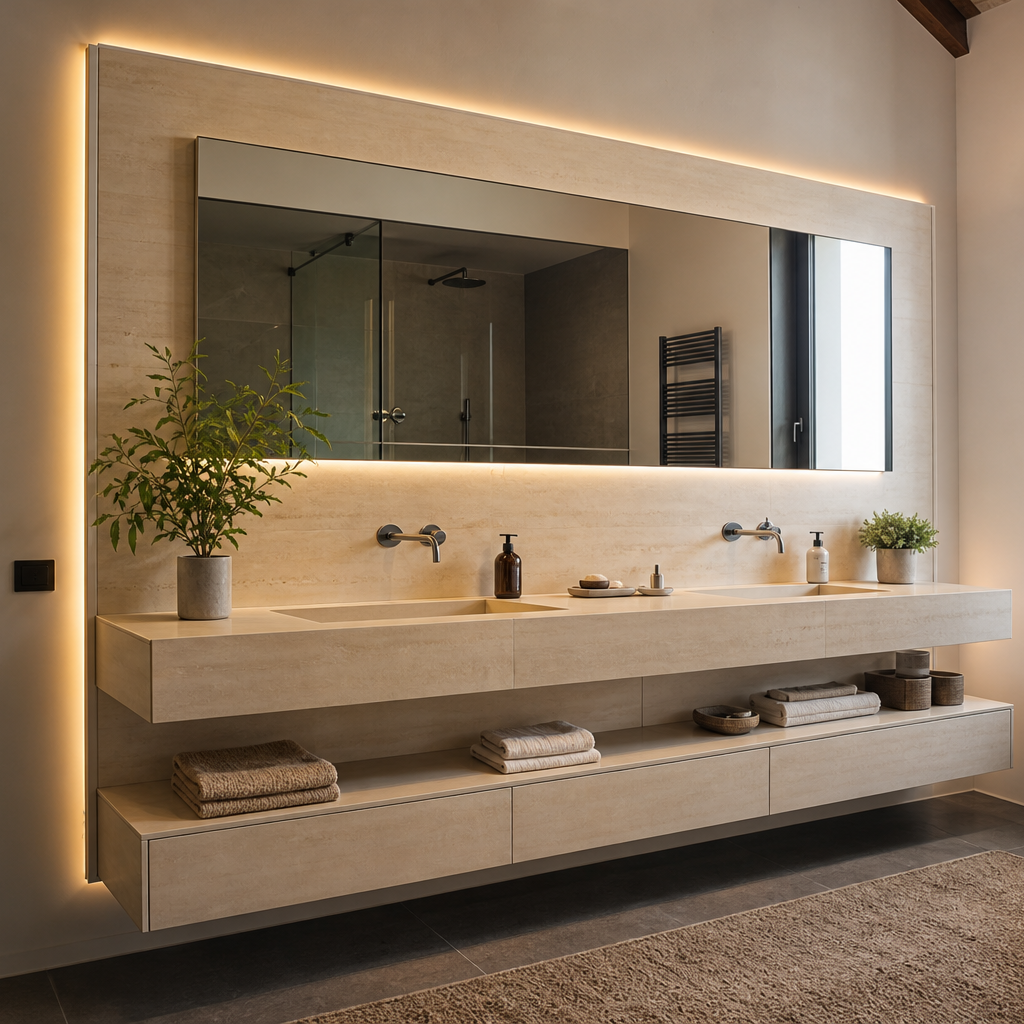 Parete bagno doppio lavabo Travertino LED 1