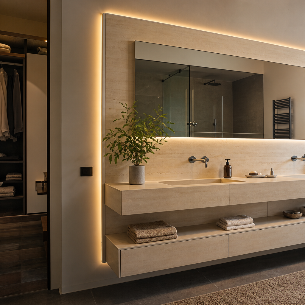 Parete bagno doppio lavabo Travertino LED 2