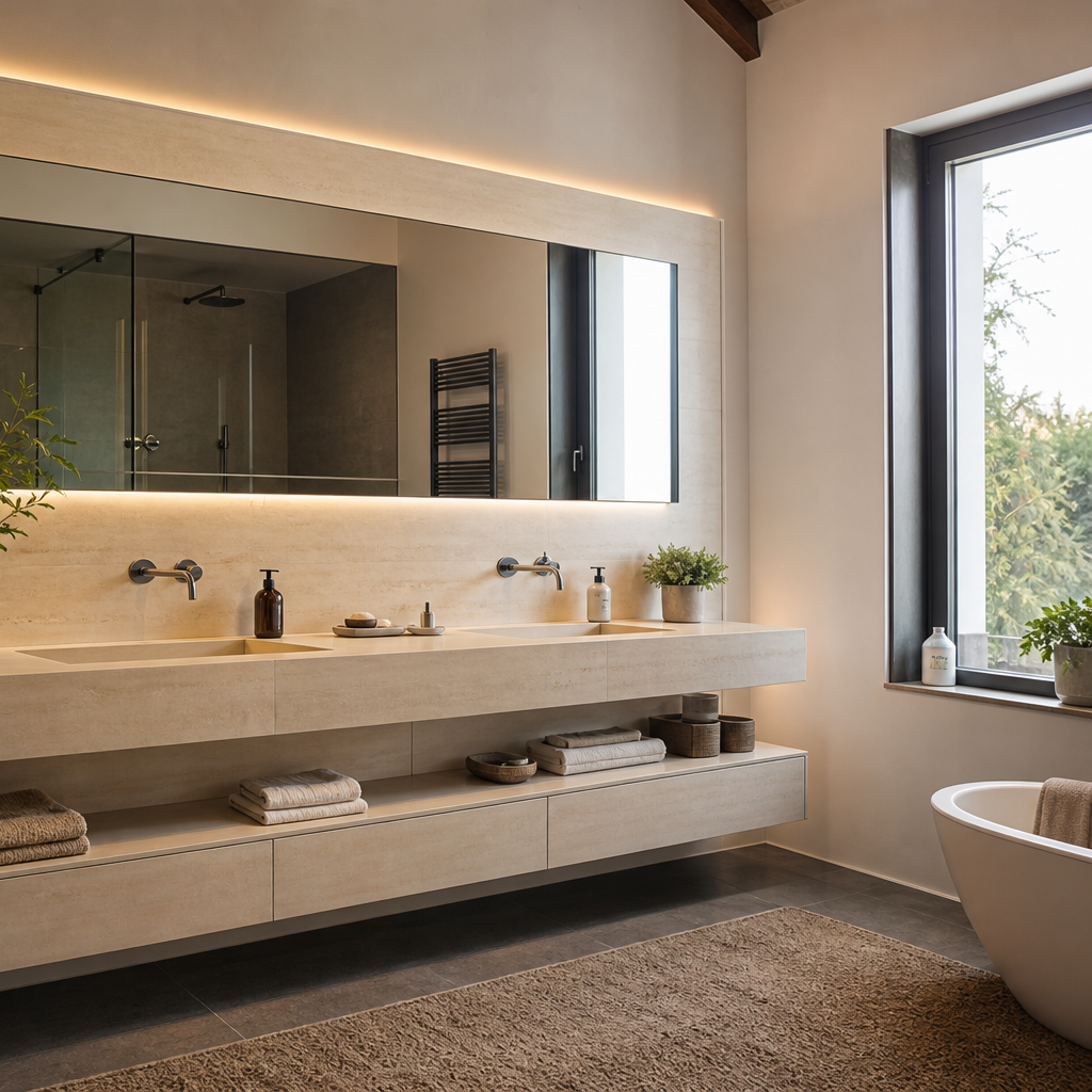 Parete bagno doppio lavabo Travertino LED 3