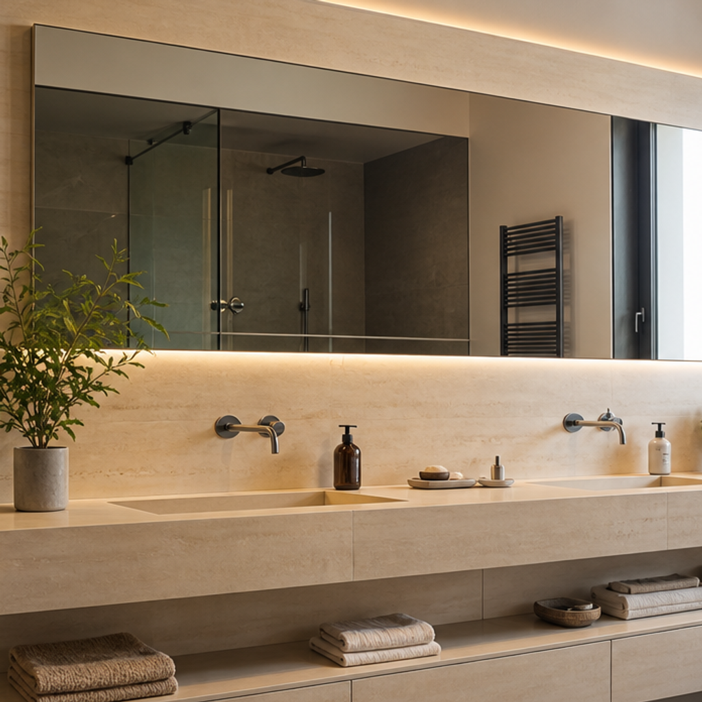 Parete bagno doppio lavabo Travertino LED 4