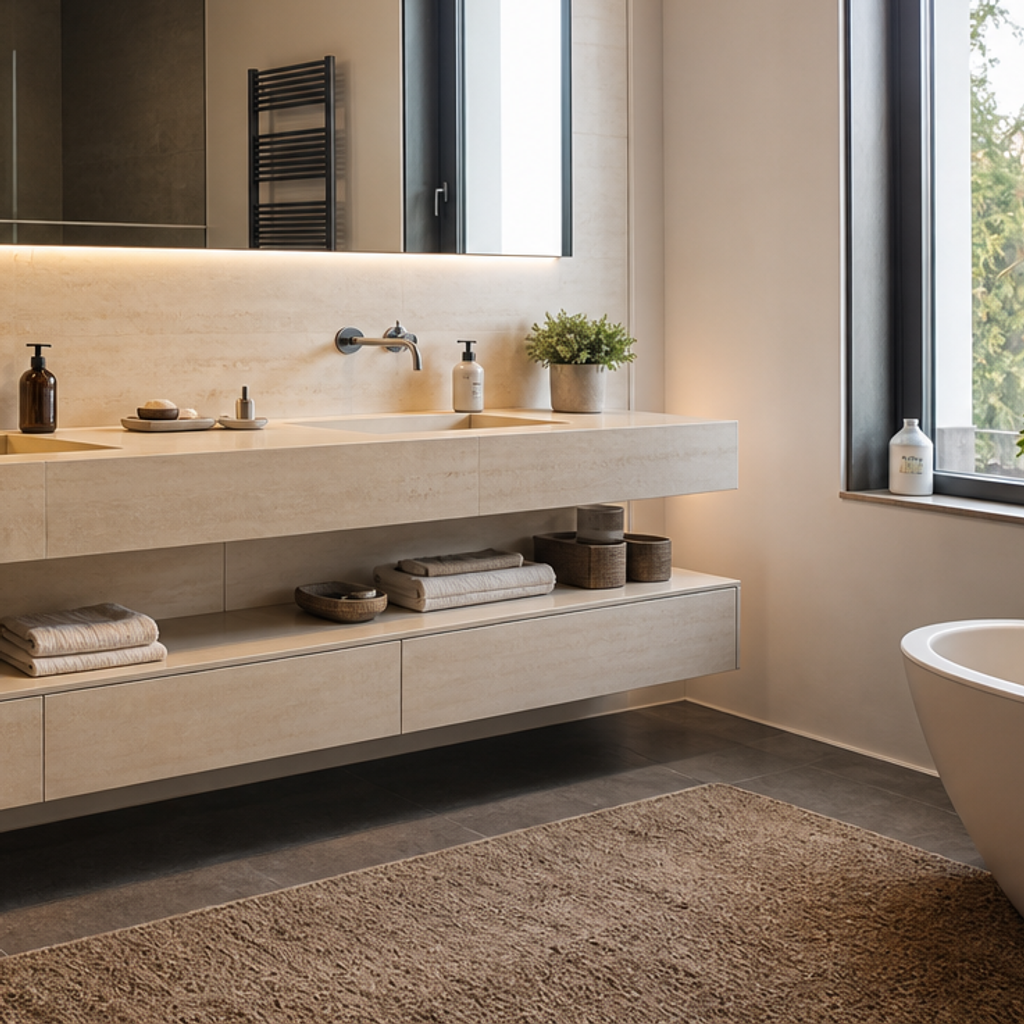 Parete bagno doppio lavabo Travertino LED 5