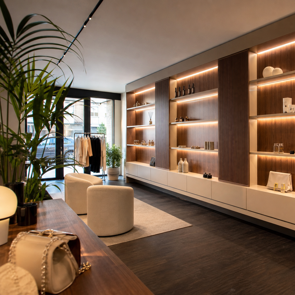 Parete showroom con LED Noce LED 2