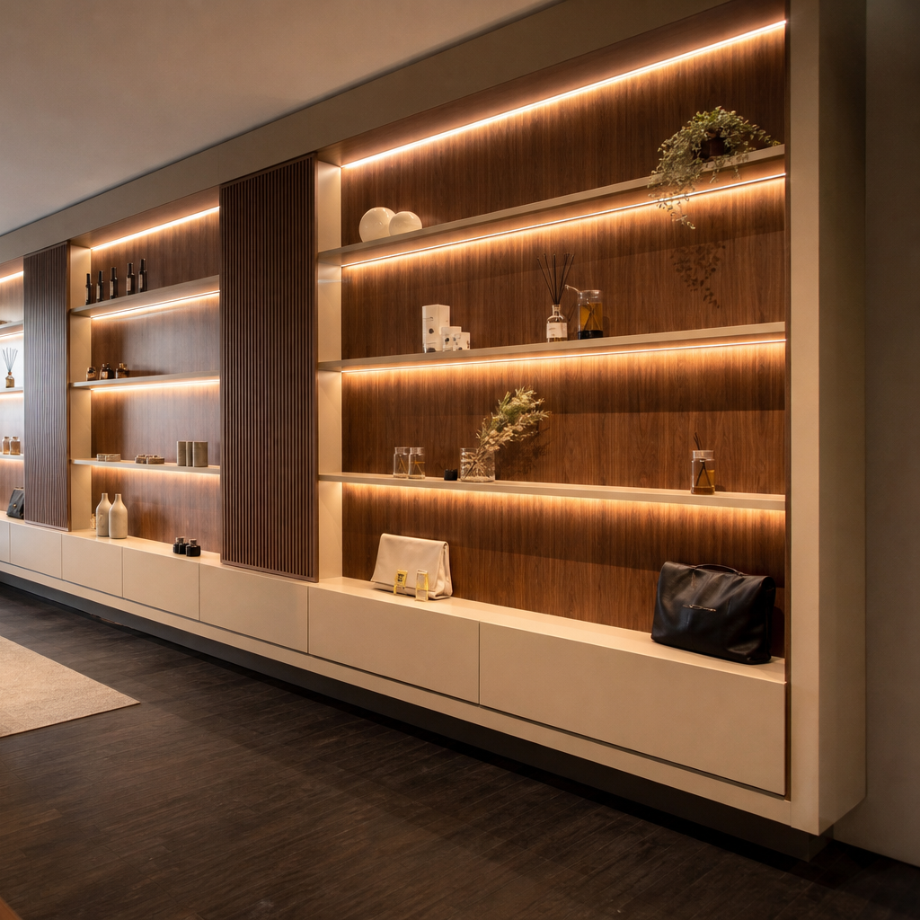 Parete showroom con LED Noce LED 3